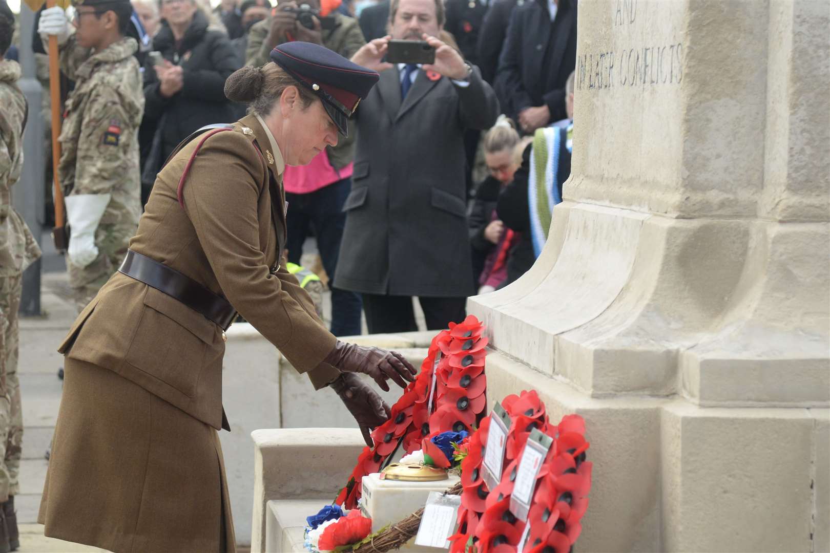 Wreaths are laid around the war memorial during the Remembrance Sunday service, Maidstone. Picture: Chris Davey