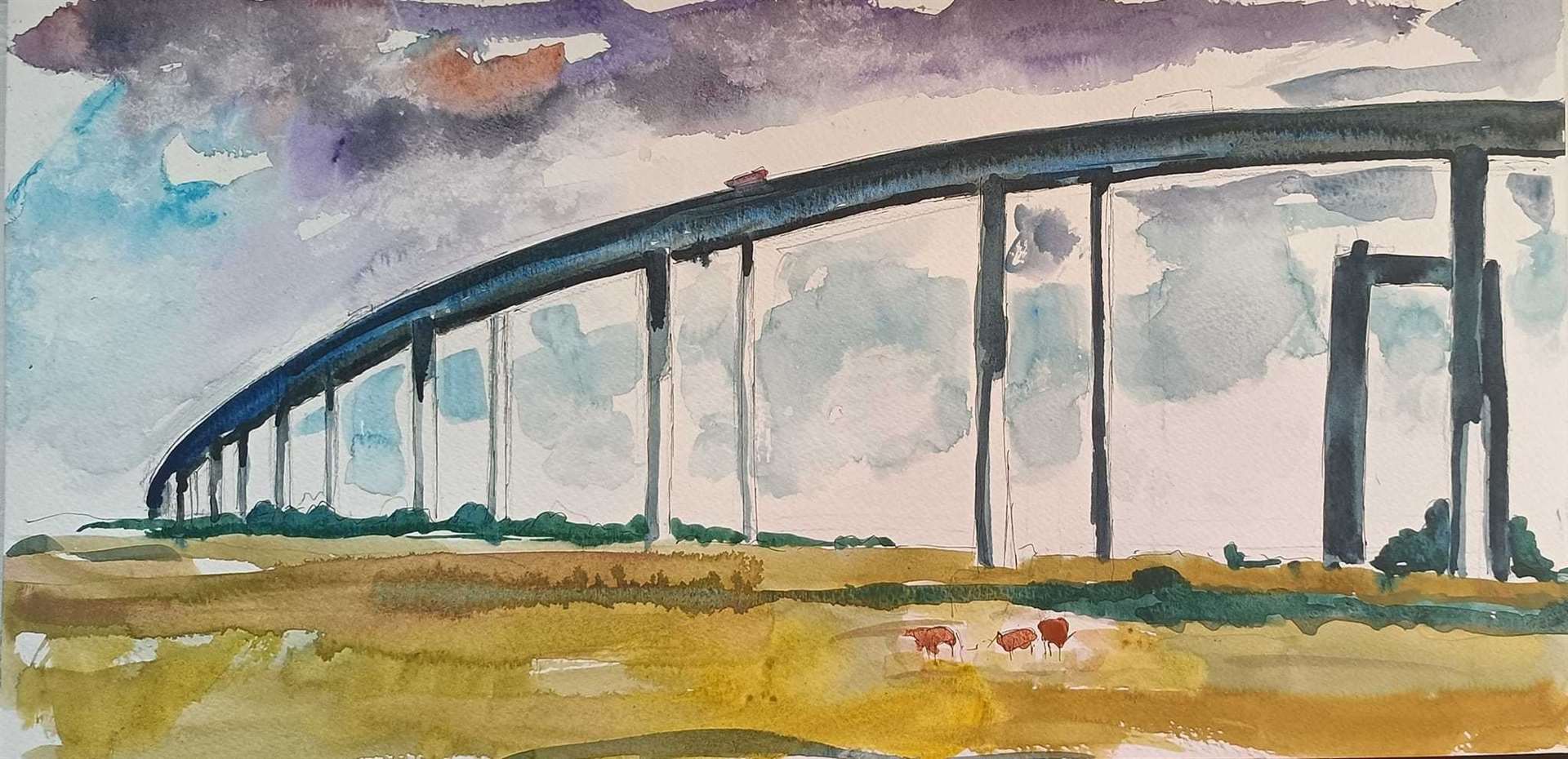The Sheppey Crossing painted by former children's TV presenter Timmy Mallett. Painting copyright Timmy Mallett www.mallettspallette.co.uk