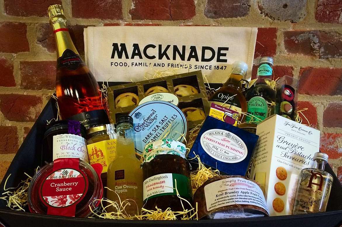 Macknade Fine Foods has been creating premium, personalised hampers for years. They start at £20 and feature the finest artisan products from Kent producers. 01795 534497 www.macknade.com