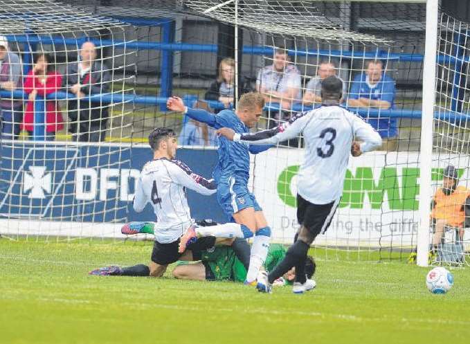Liam Nash wins a penalty for Gillingham at Dover Picture: Gary Browne