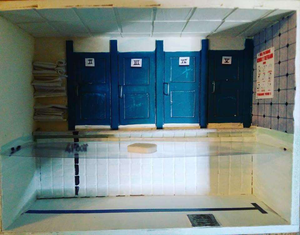 The pool room and changing cubicles from Camberwell Baths created by Sheppey artist Richard Jeferies for his 24-room front window Advent calendar