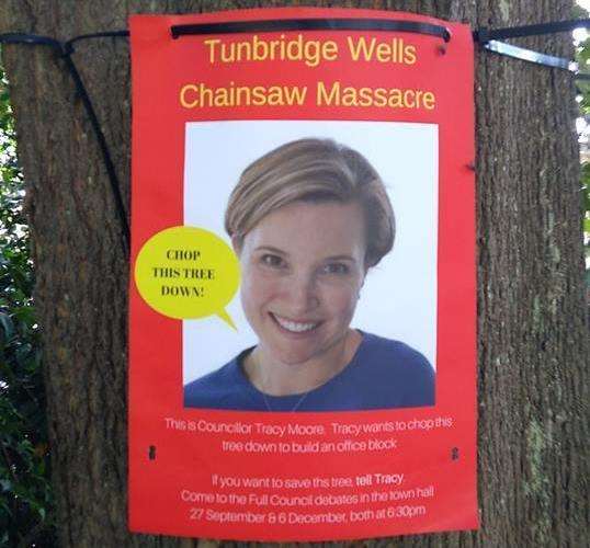 A poster featuring Cllr Tracy Moore in Calverley Grounds says "chop this tree down"