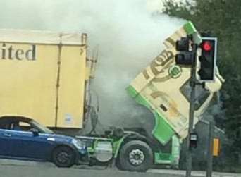 Smoke billows from the lorry. Picture: @jpercival104