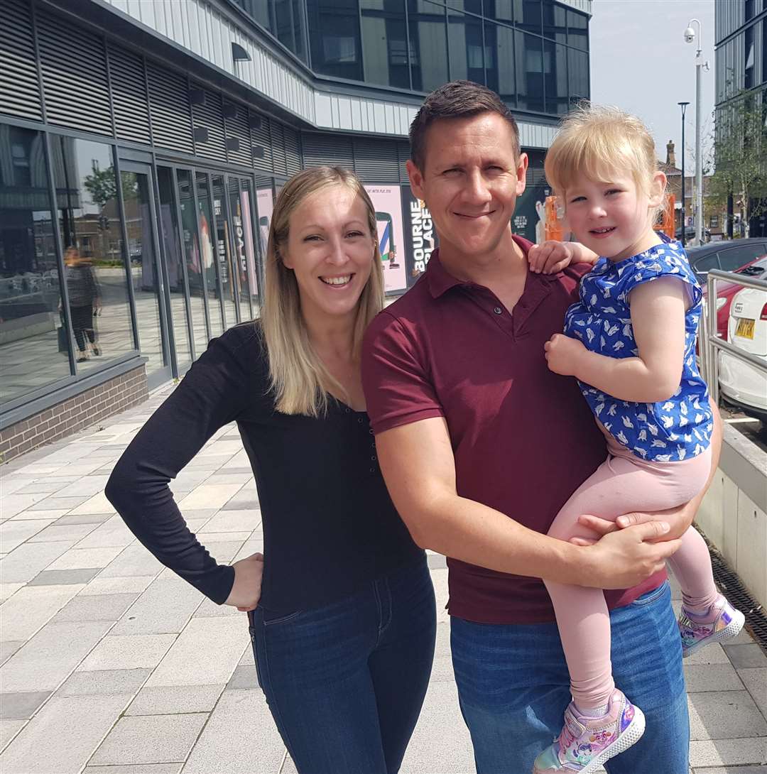 Policeman Daniel Heal, 34, with his wife who is 31-year-old Rebecca Heal and daughter Olivia who is three at the opening of The Light cinema complex in Sittingbourne