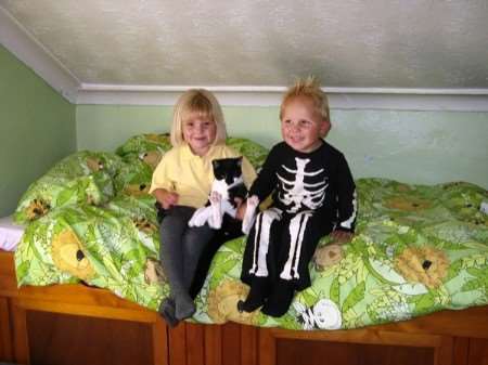 Ollie the cat reunited with Sky and Joel on the bed he was found stuck inside