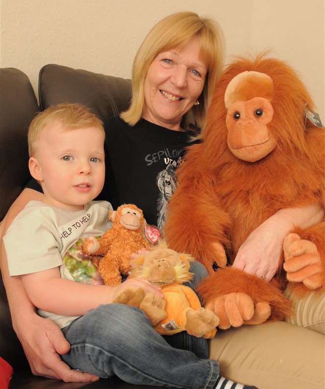 Alison Bristo with Preston the Orangutan and grandson Kai Sillence.