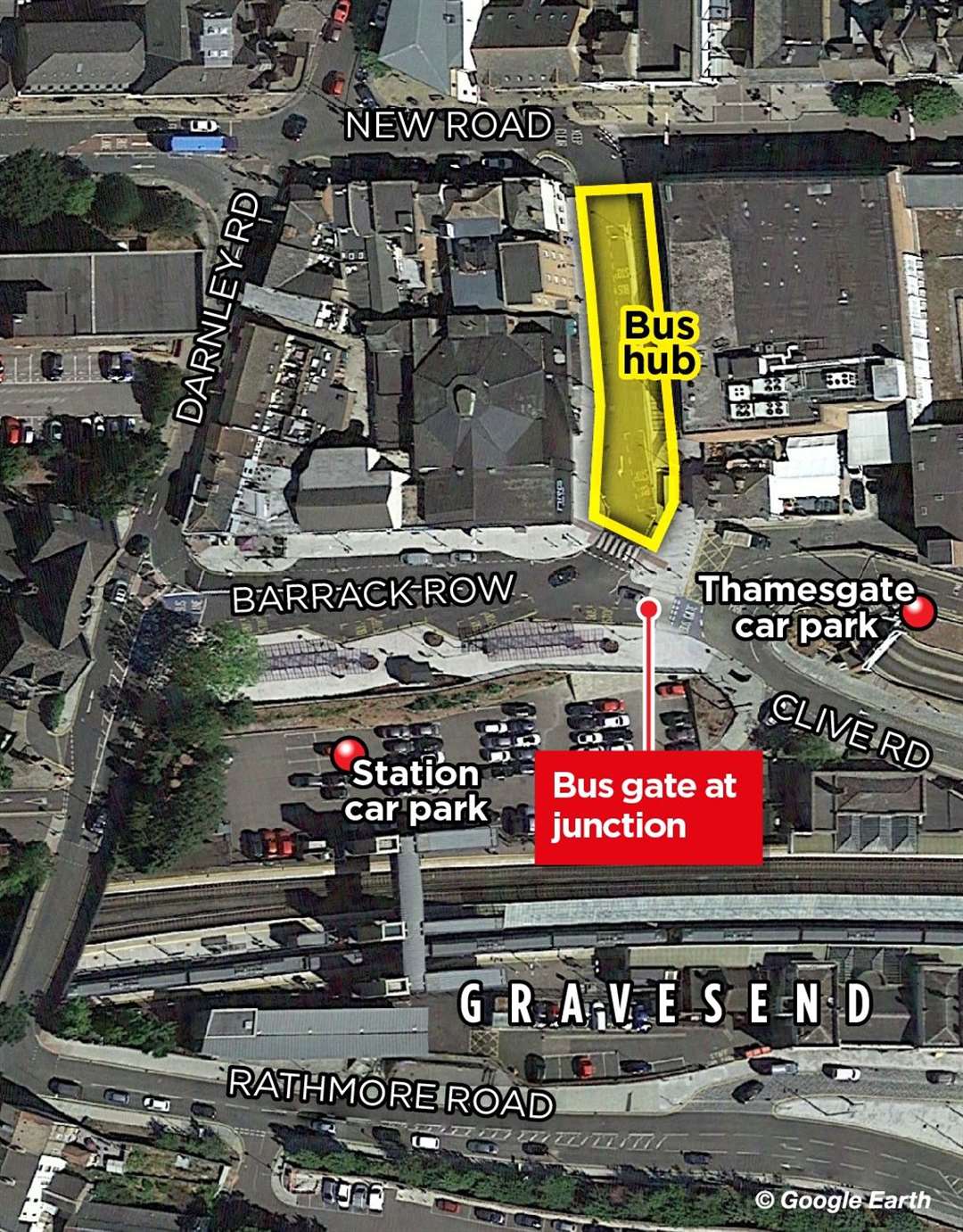 A map showing where the bus gate is in relation to the surrounding roads