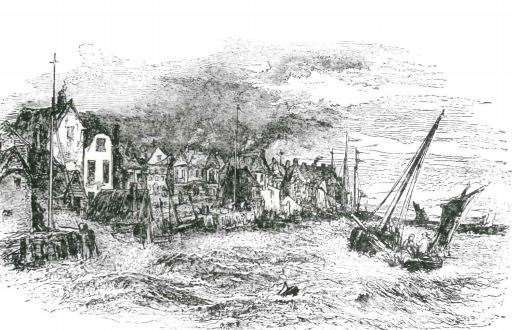 Engraving of a boat returning to the smuggling town of Deal
