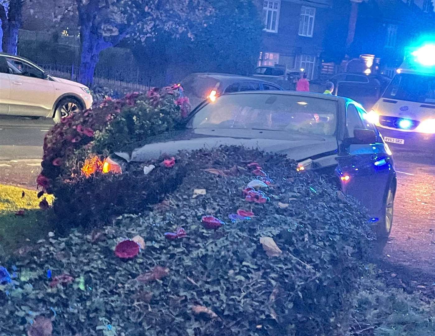 A car has hit the bushes near the war memorial. Picture: Nina Armstrong-Thompson