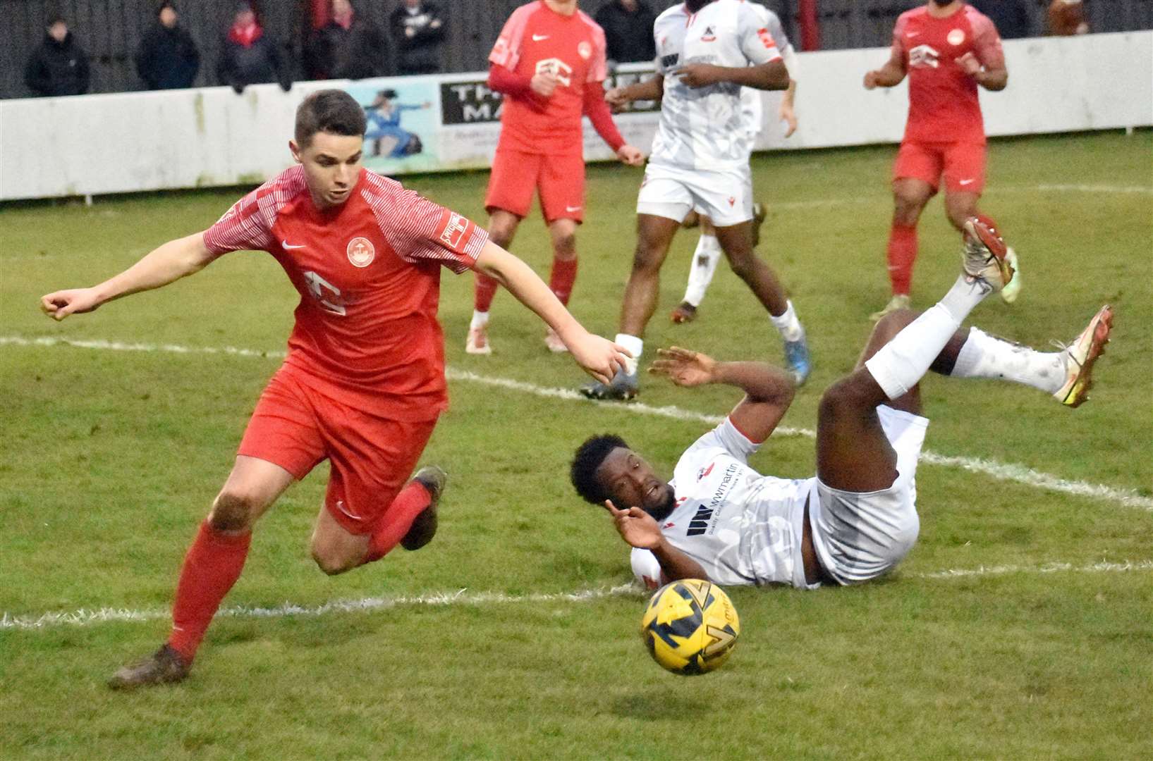 Hythe striker Jake Embery tries to get to the loose ball against Ramsgate Picture: Randolph File