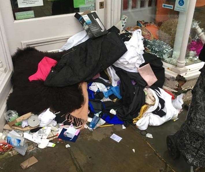 Items including 'donations' and household rubbish that were found outside Oxfam in Canterbury this weekend. Picture: Arlene Rae