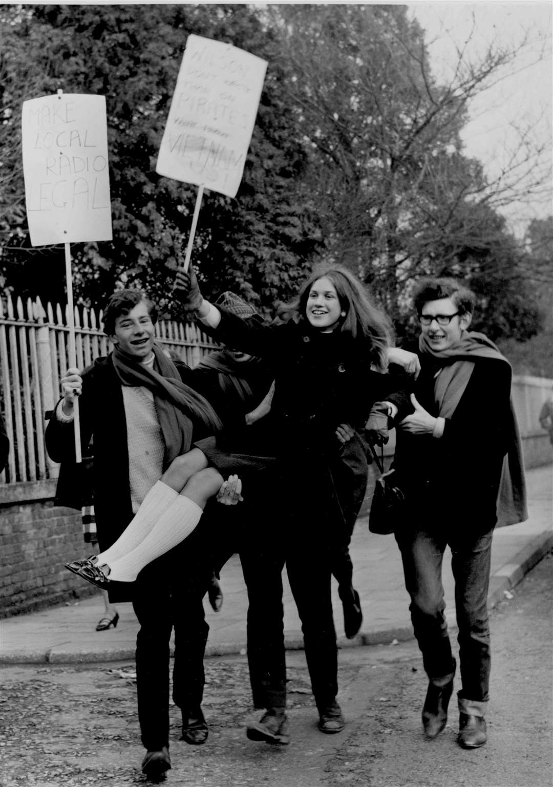University students demonstrate in November 1966 outside Canterbury Sessions House, where Radio 390 (broadcasting from the wartime Red Sands Towers in the Thames Estuary) was the first pirate radio station to be prosecuted