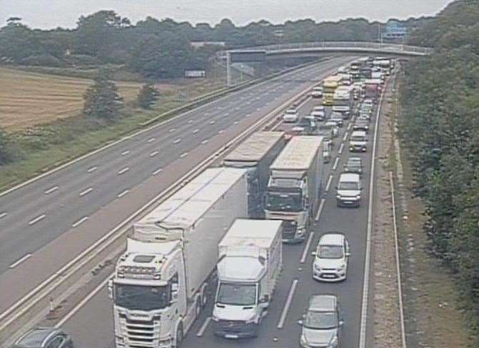 A lorry has overturned lorry on the M20 between Leybourne and Aylesford. Picture: National Highways