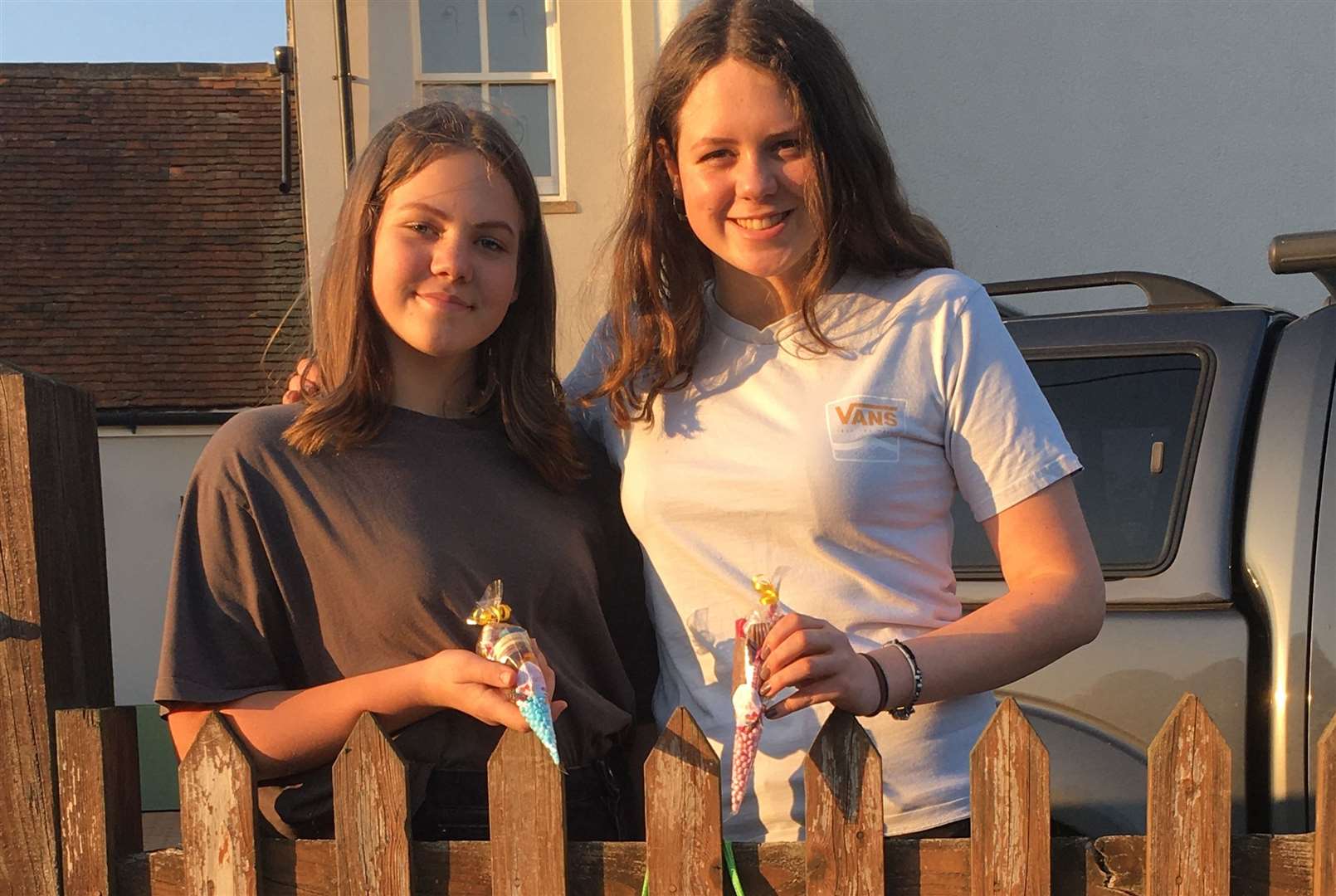 Emma and Lauryn Roper filled cones with sweets to be delivered along with hot meals on Romney Marsh