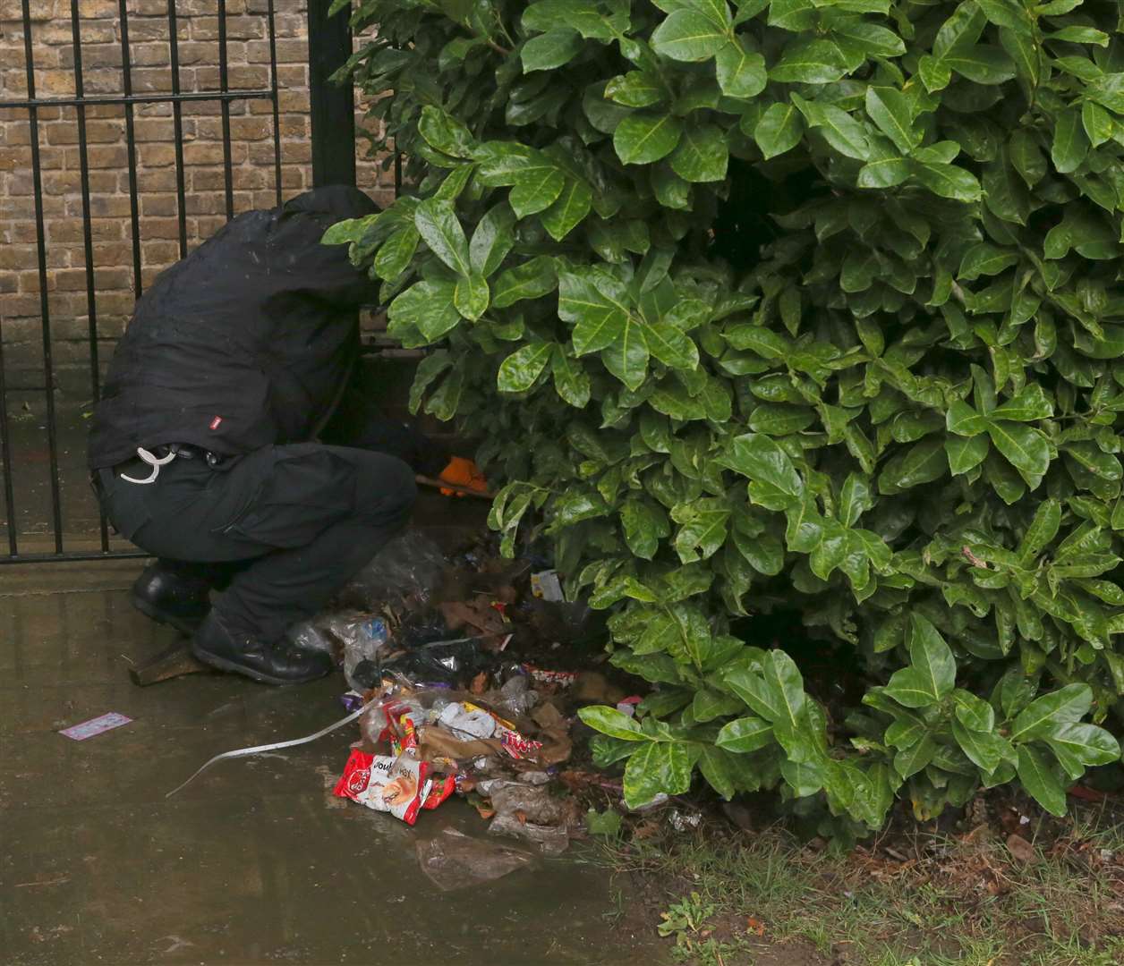 Officer dig through bushes looking for evidence. Picture: UKnip. (24844635)