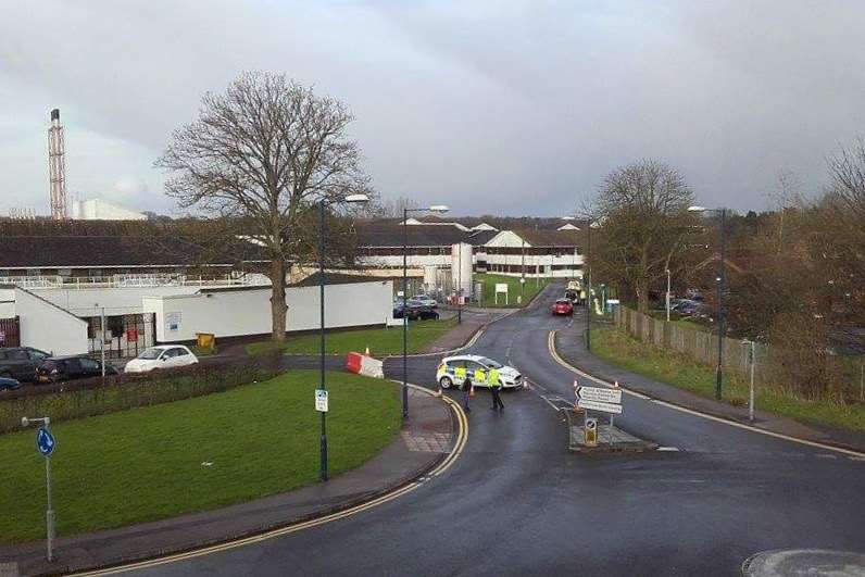Police blocking the road leading round the back of Maidstone Hospital off Hermitage Lane.