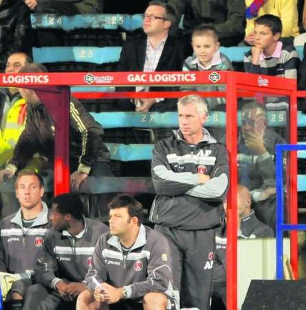 Charlton manager Alan Pardew watches his side struggle to a derby defeat. Picture: BARRY GOODWIN