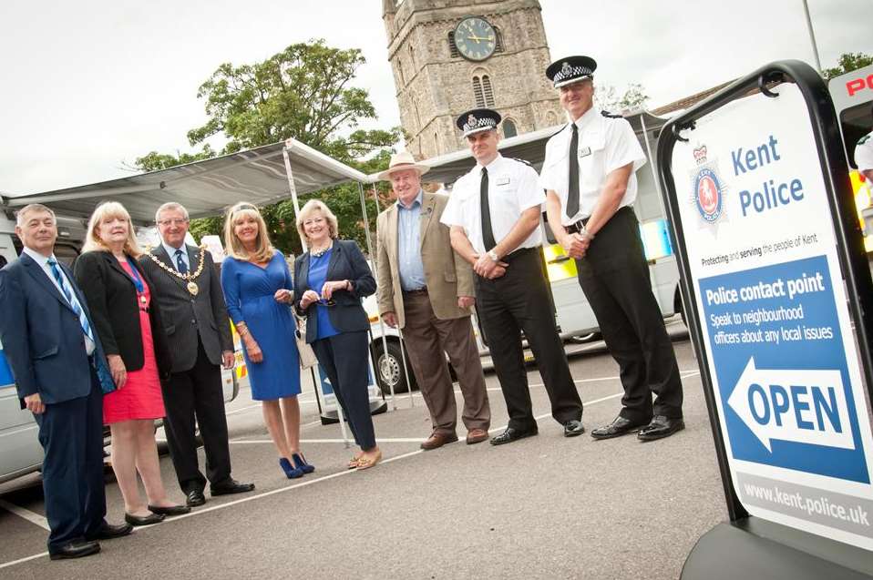 Ann Barnes with police chiefs and council dignitaries at a mobile police contact points launch