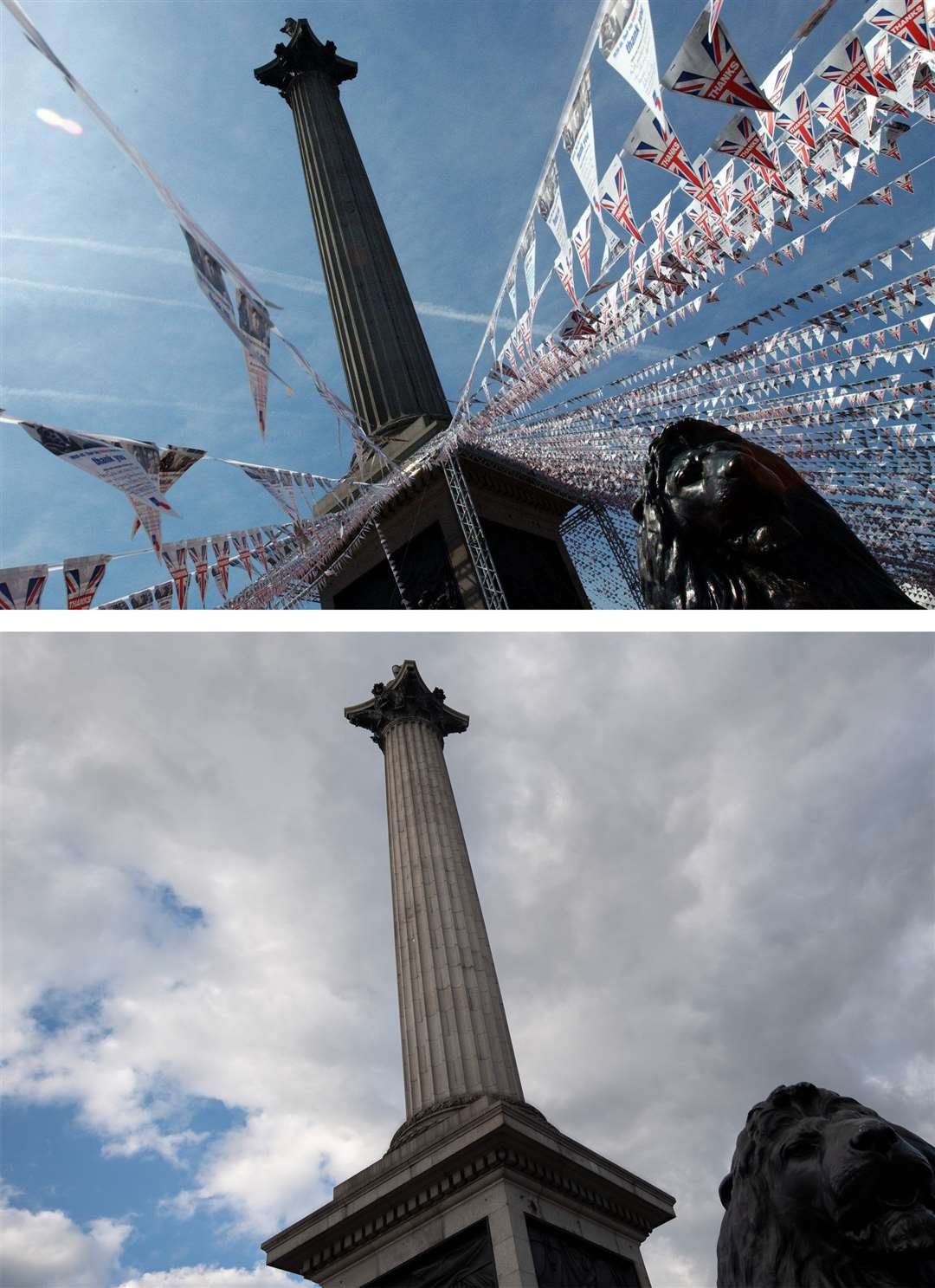 Nelson’s Column in Trafalgar Square on the 60th Anniversary of VE Day in London, and quieter scenes this month (PA)