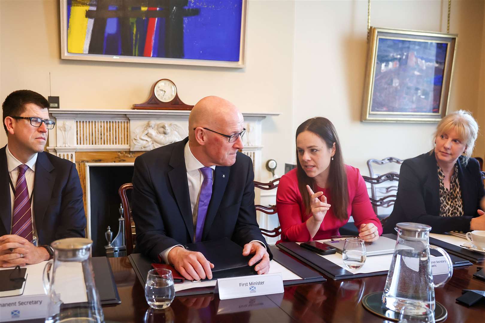 New First Minister John Swinney sitting next to Kate Forbes as he chairs his first Cabinet meeting since taking up the role, at Bute House in Edinburgh (Jeff J Mitchell/PA)