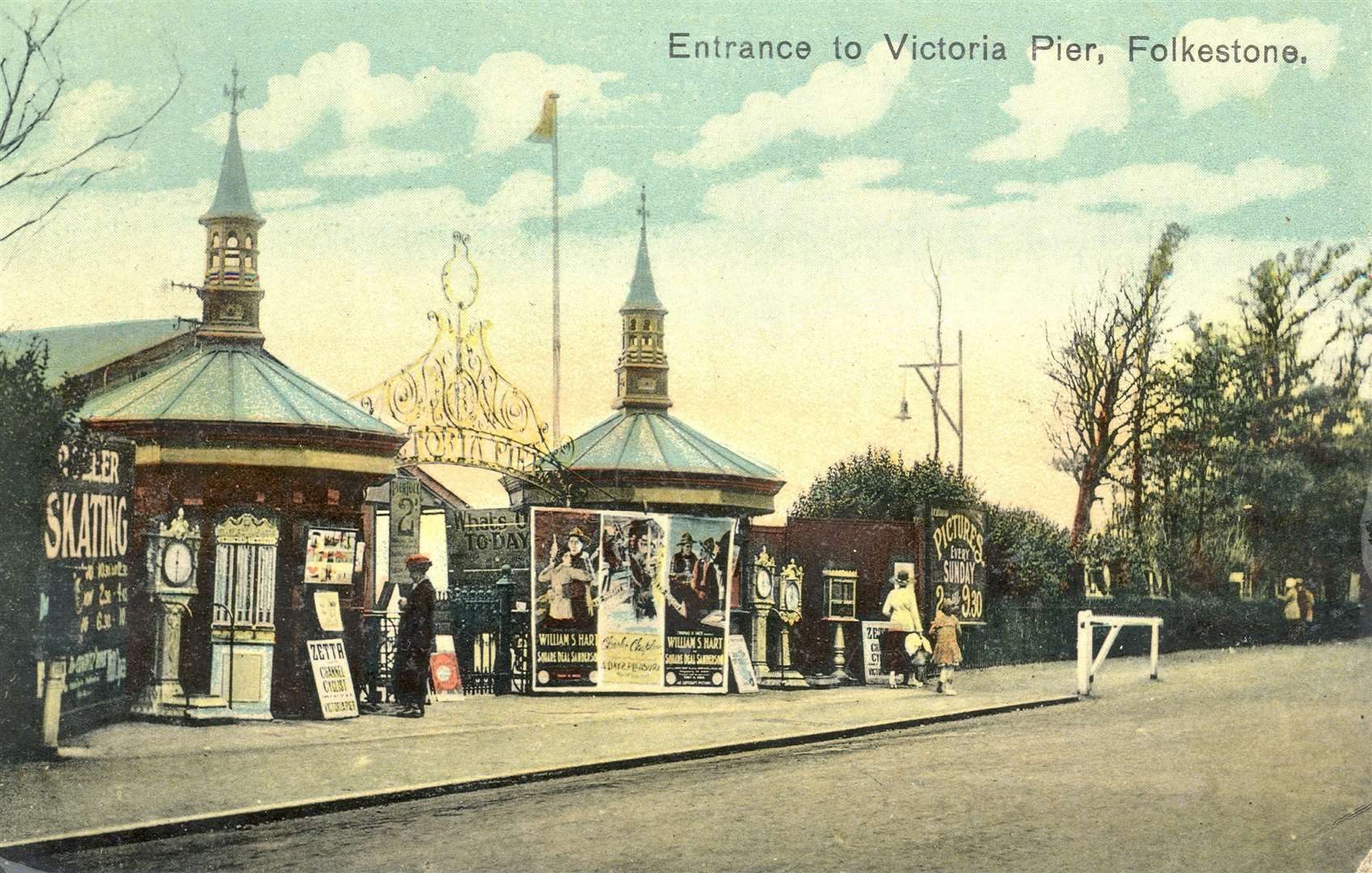 An old postcard showing the octagonal ticket booths of the Victoria Pier in Folkestone
