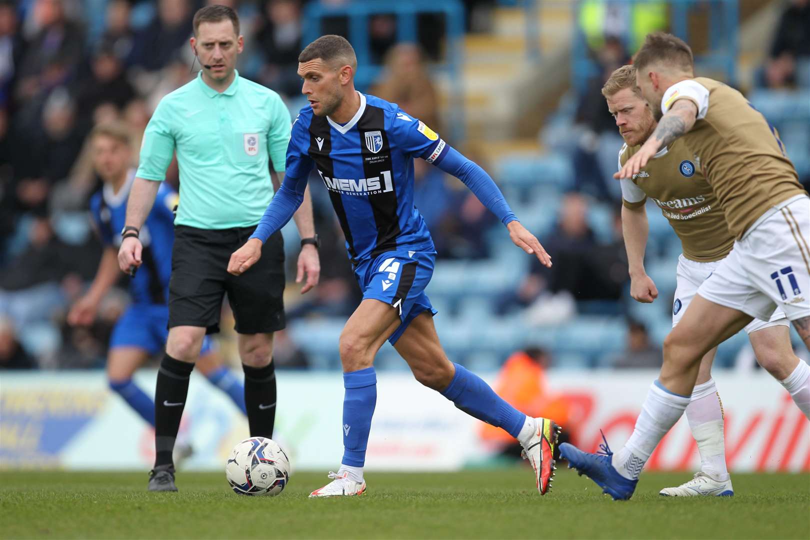 Stuart O'Keefe on the ball for Gillingham against Wycombe last weekend Picture: KPI