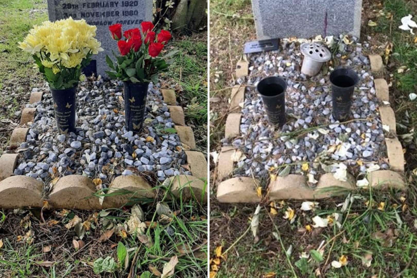The grave before and after it was trashed