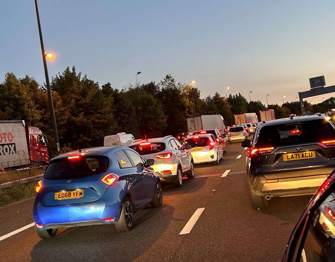 Traffic at a standstill at Brenley Corner on the M2 on Sunday night following the car fire