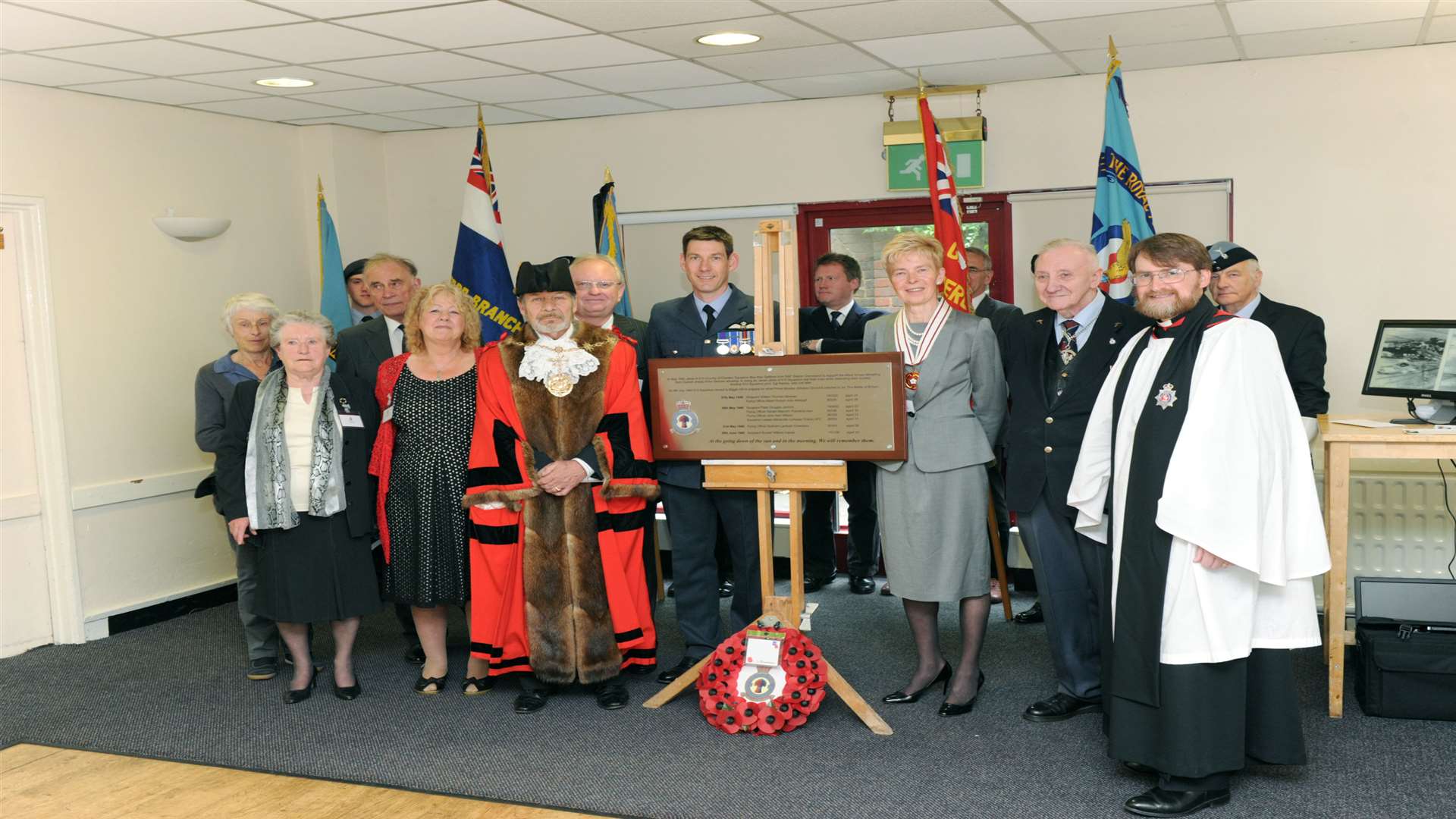 L/R, Front, Mayor of Gravesham, Michael Wenban, Wing Commander David Haines, Rosemary Dymond Dep. Lieutenant of Kent, Ernest Brook - ex-RAF, Rev. Nigel Bourne