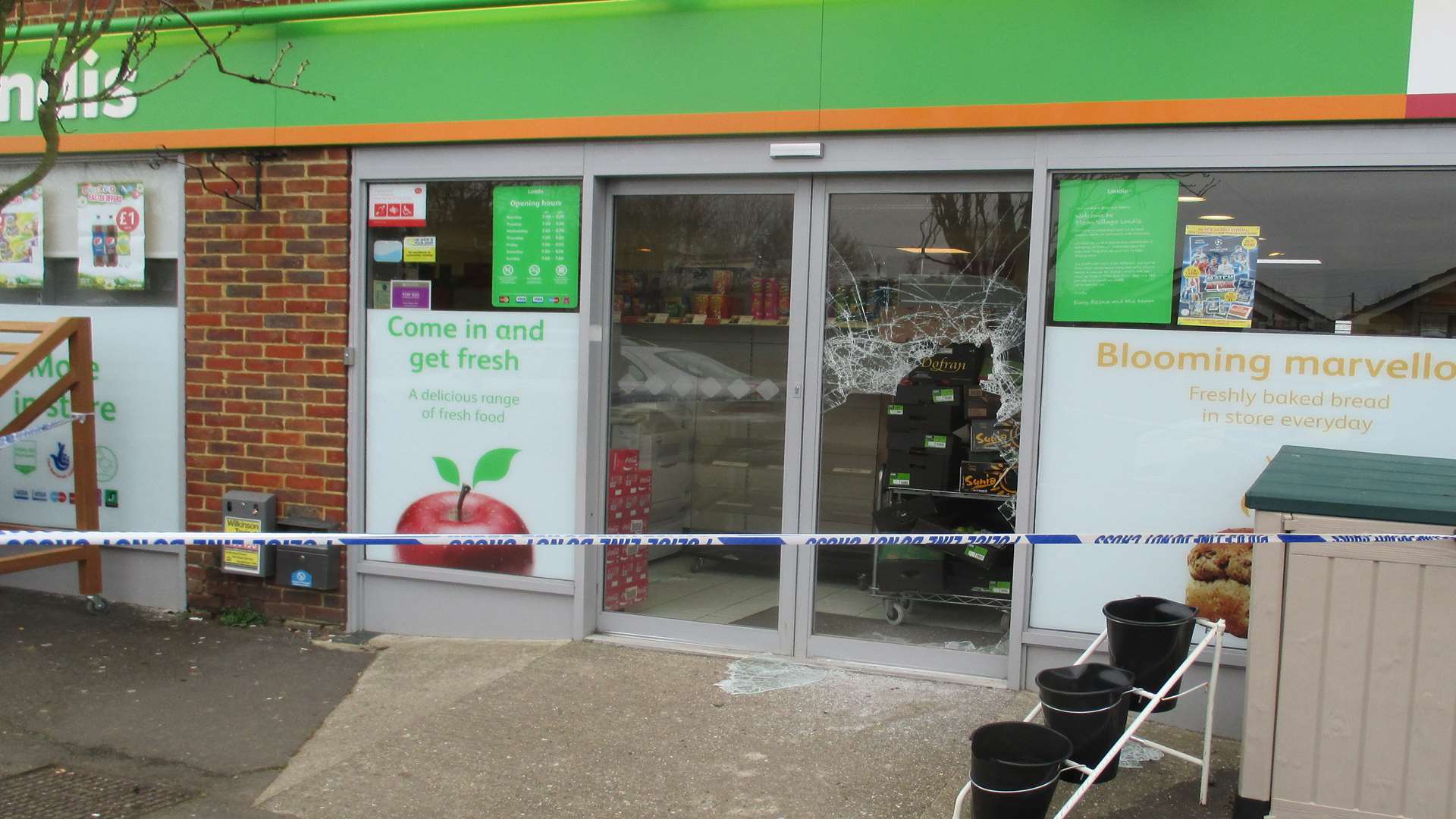 The front doors of the Londis shop in Blean were smashed by burglars who stole cigarettes and alcohol.