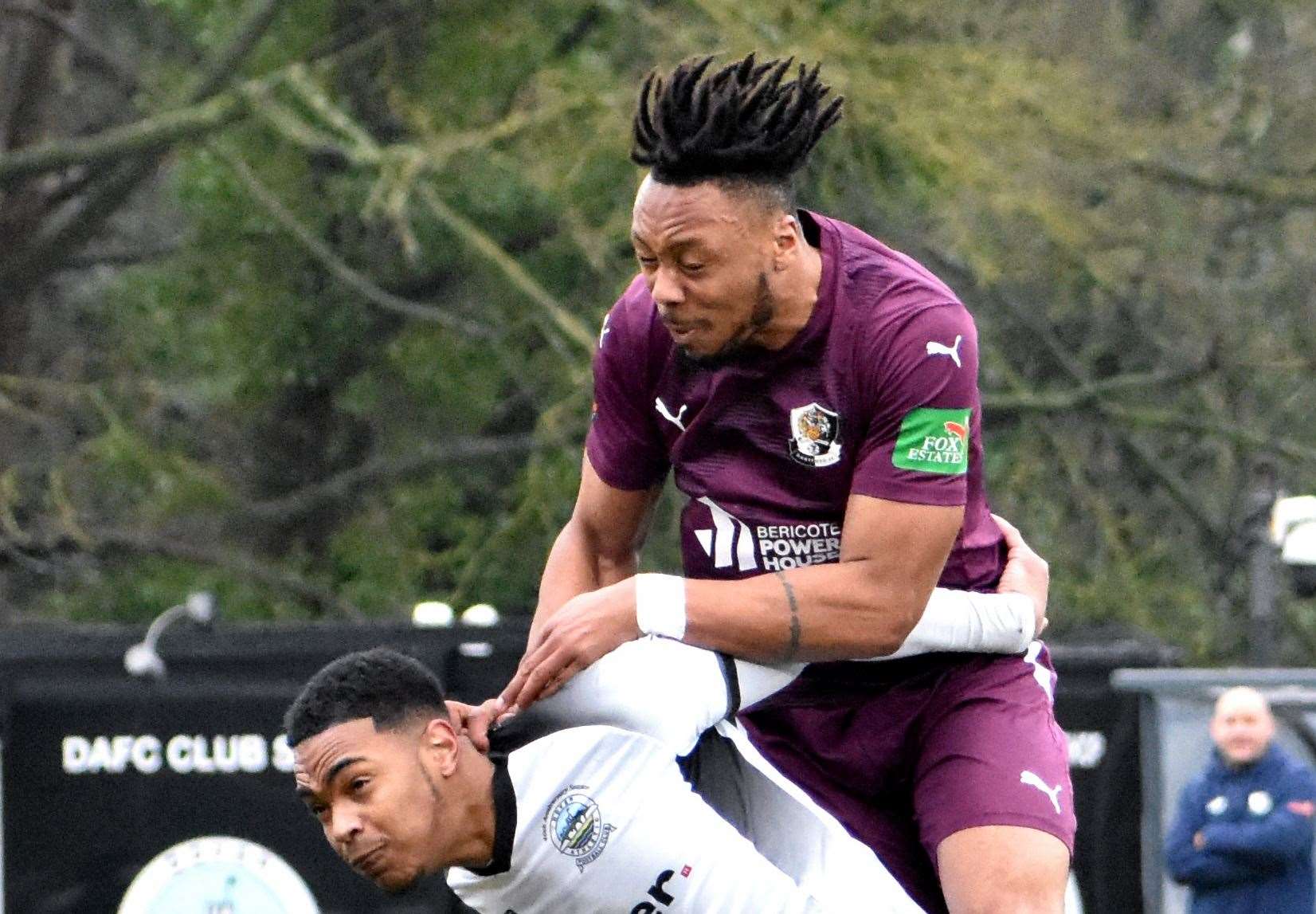 Dartford defender Joash Nembhard towers over Dover's Zidan Sutherland in their 2-1 National League South weekend away win. Picture: Randolph File