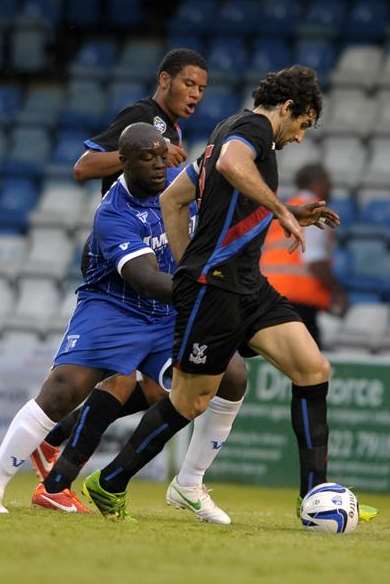 Adebayo Akinfenwa in action against Crystal Palace Picture: Barry Goodwin