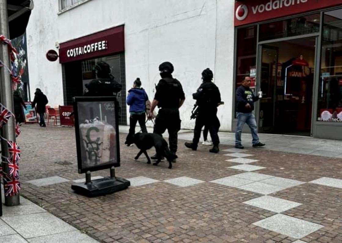 Armed police were seen in the town centre this afternoon. Picture: Claire Scott