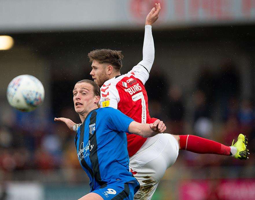 Tom Eaves in action for Gillingham at Fleetwood on Saturday. Picture: Ady Kerry