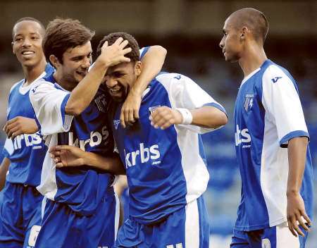 Andy Barcham celebrates getting on the scoresheet against Peterborough