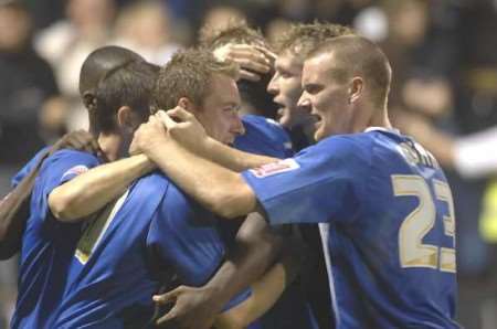 Gillingham's David Graham celebrating his second goal. Picture: GRANT FALVEY