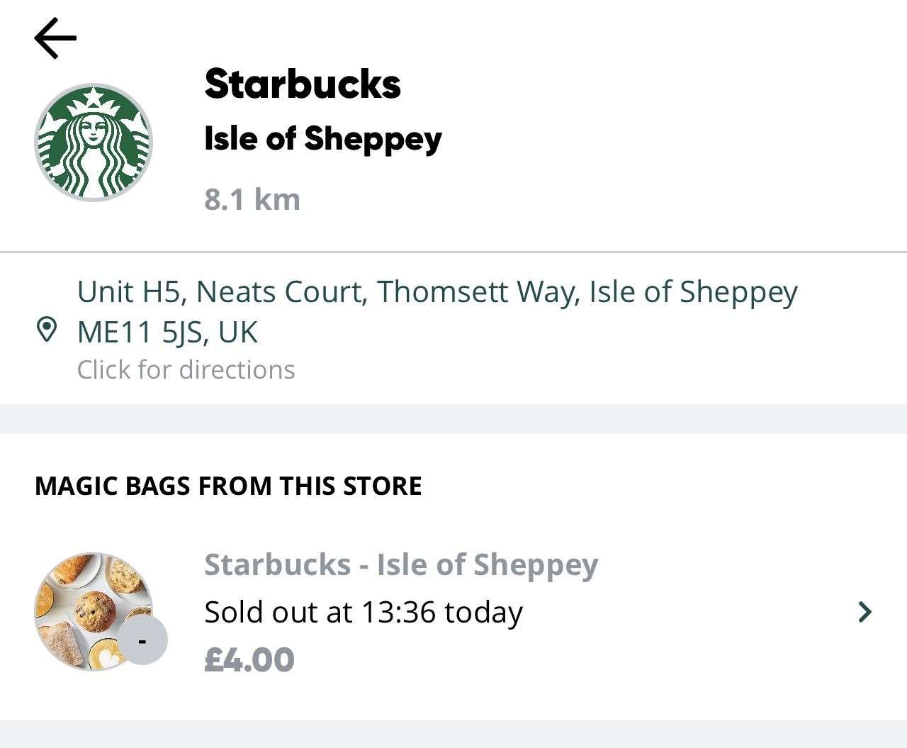 The Starbucks offer on The Too Good To Go app