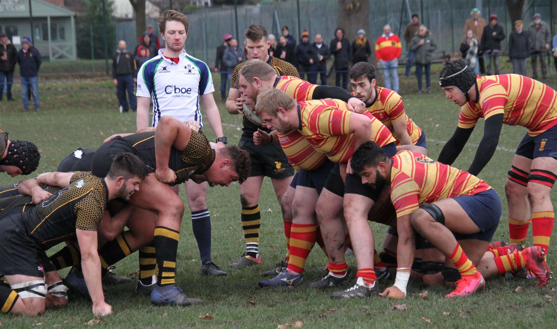 Medway prepare to contest a scrum against Camberley. Picture: Paul Wardzynski (53669178)