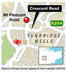 Locator map for crash involving a motorcycle and a car in Crescent Road, Tunbridge Wells. Graphic: Ashley Austen