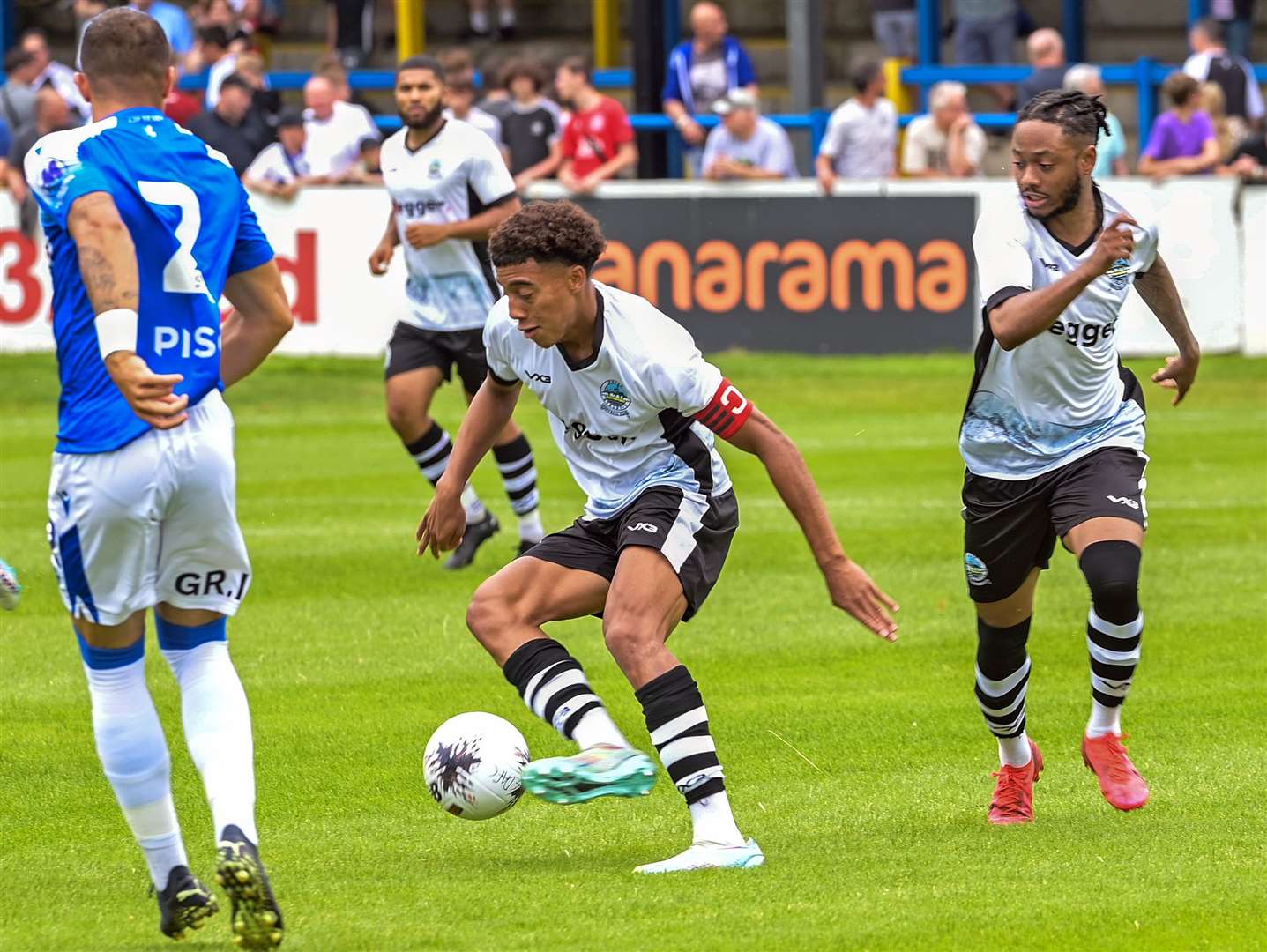 Iffy Allen, pictured far right as a trialist in Dover’s pre-season friendly against Gillingham, has now signed for Whites. Picture: Stuart Brock