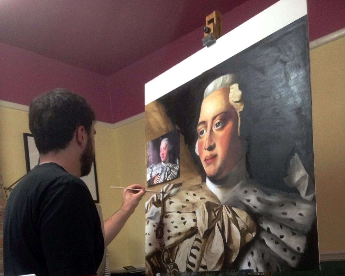 Edward Spencer recreating the image King George III, taken from the original coronation painting by Allan Ramsay in 1761.