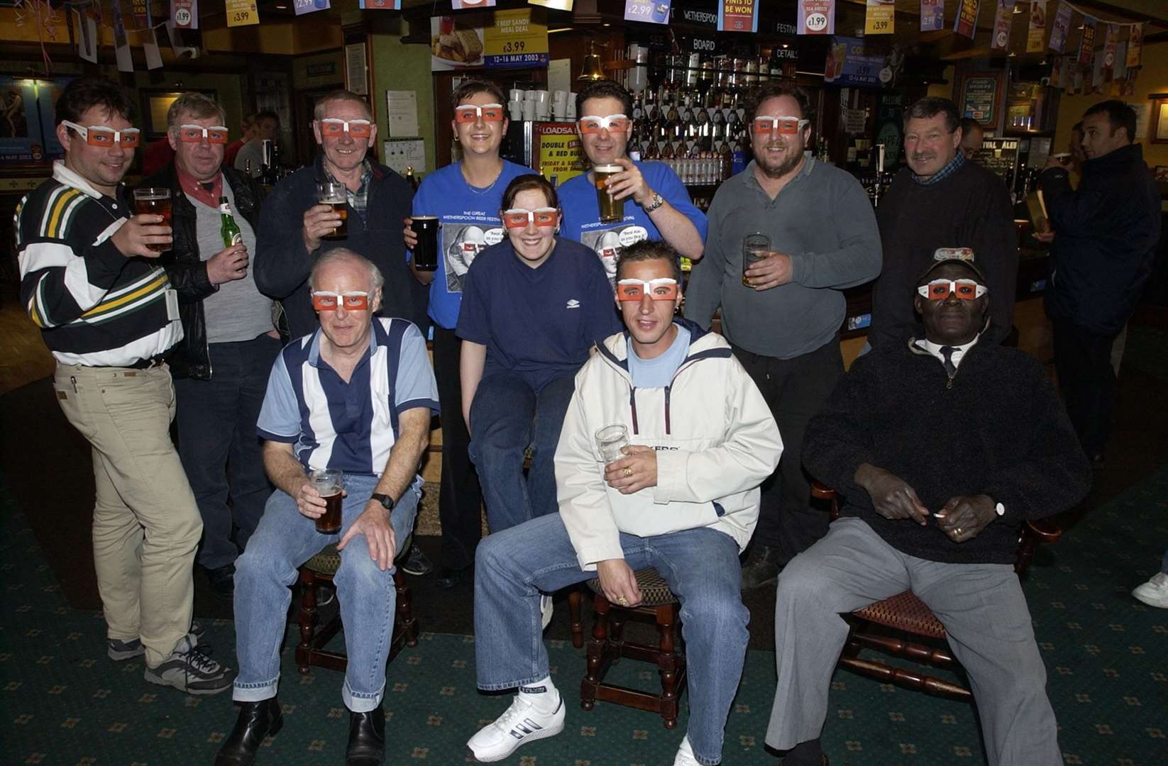 Staff at the Wetherspoons pub in Dartford wearing Beer goggles in May 2003. The Flying Boat is still going today