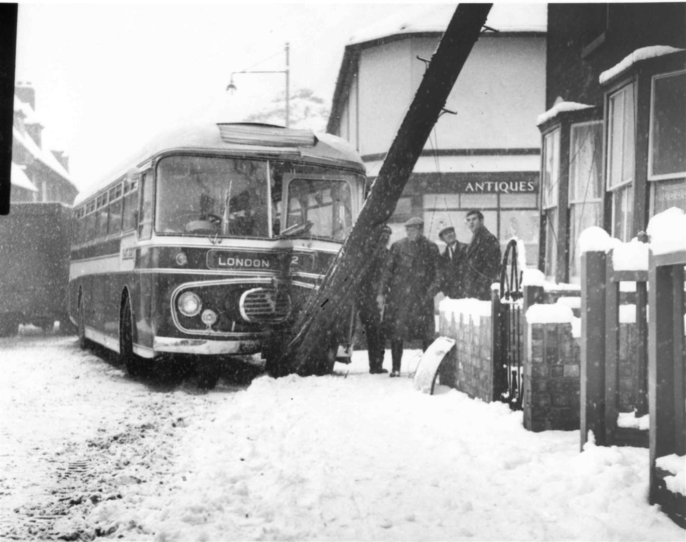 Three people were treated in hospital for cuts and shock after this London-bound coach crashed into a telegraph pole in Wincheap, Canterbury. Snow swept over Kent on December 27, 1962, bringing chaos in its wake. By lunchtime there were up to six inches and 50 snowploughs were trying to keep the roads open. The big freeze was to last several months