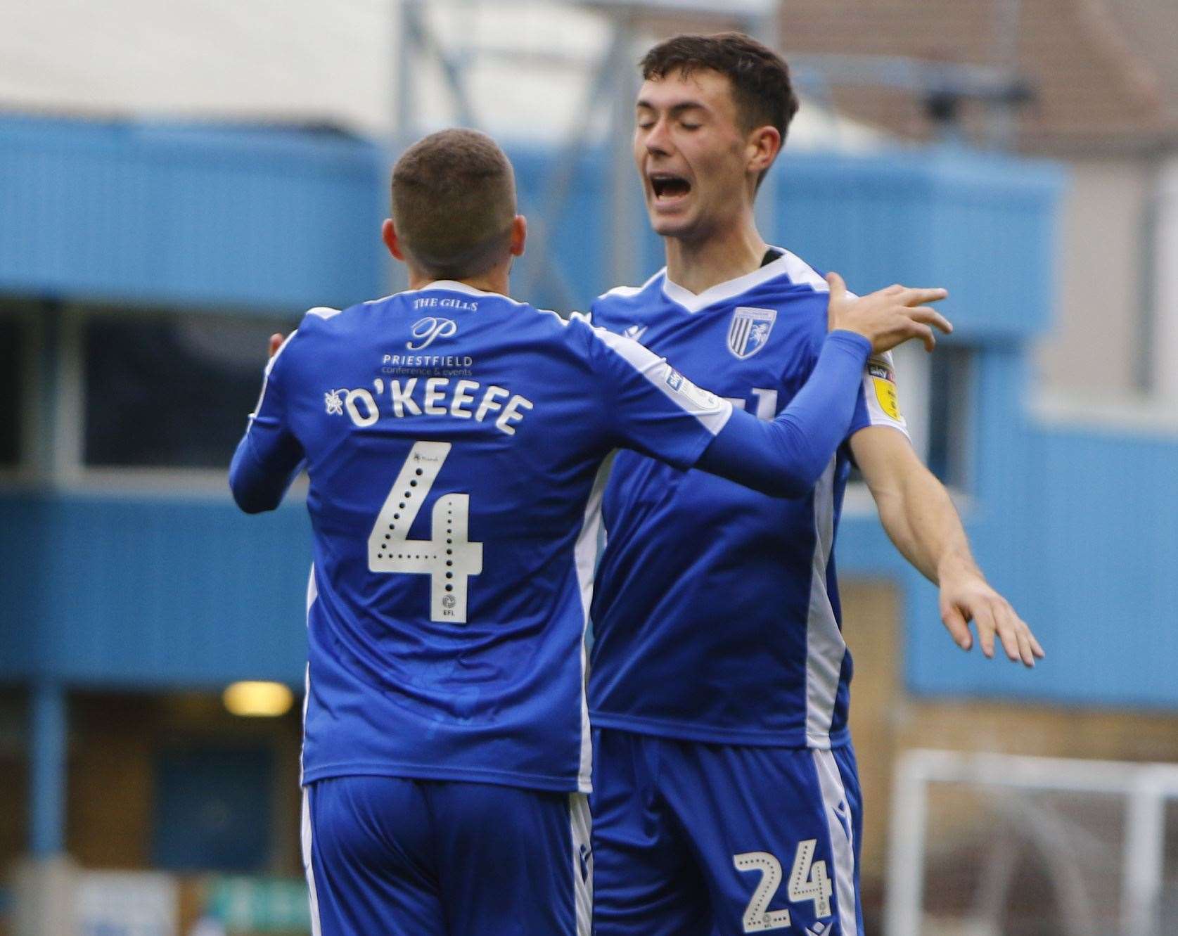 Gillingham midfielder Stuart O'Keefe celebrates his goal against Southend Picture: Andy Jones
