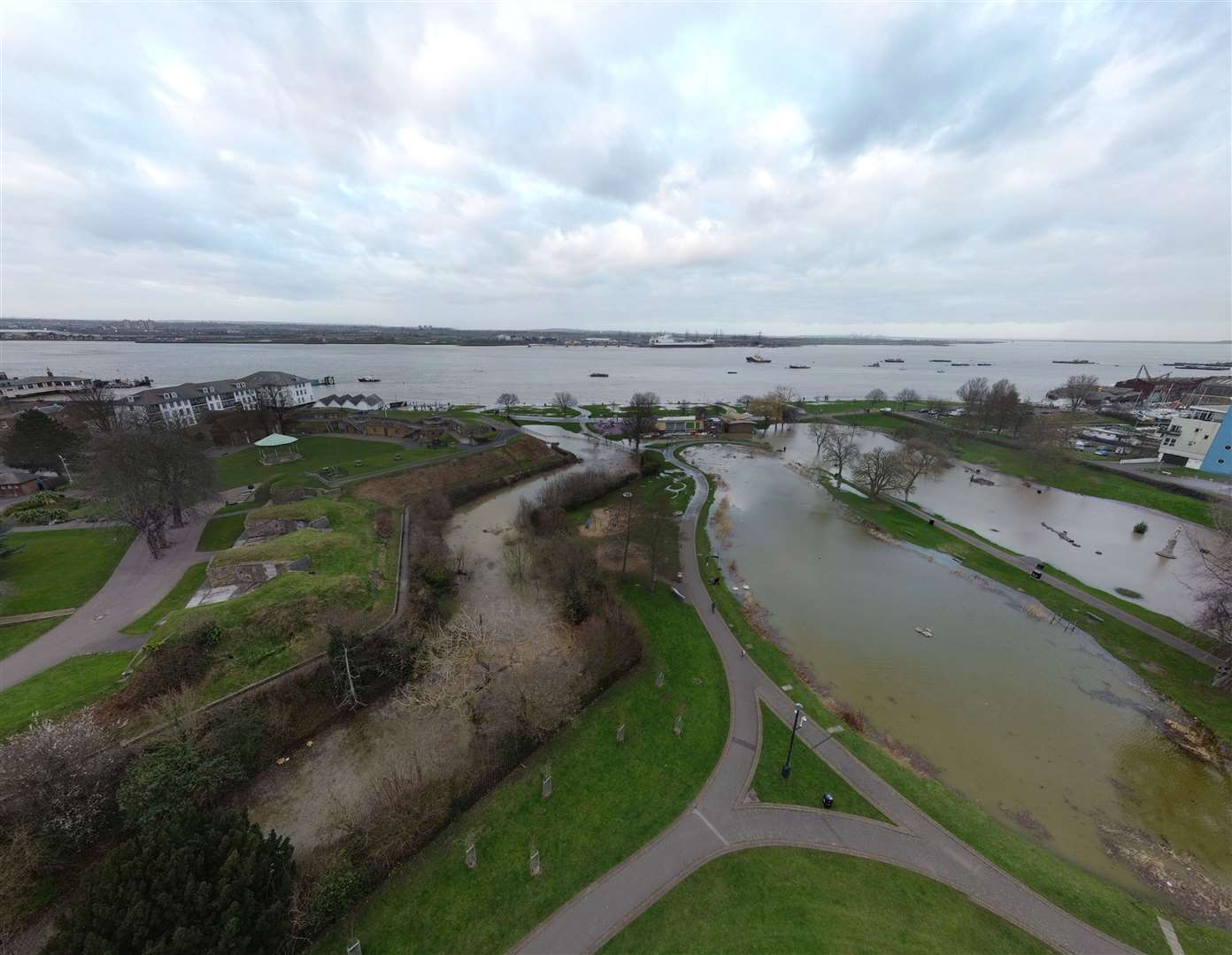 Large sections of Gravesend riverside have been hit by heavy flooding. Picture: Jason Arthur