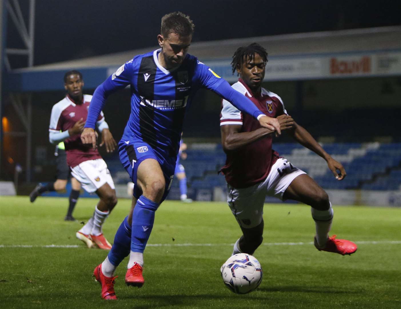 Olly Lee tries to create an opening during the Gills' Papa John's Trophy tie against West Ham Picture: Andy Jones