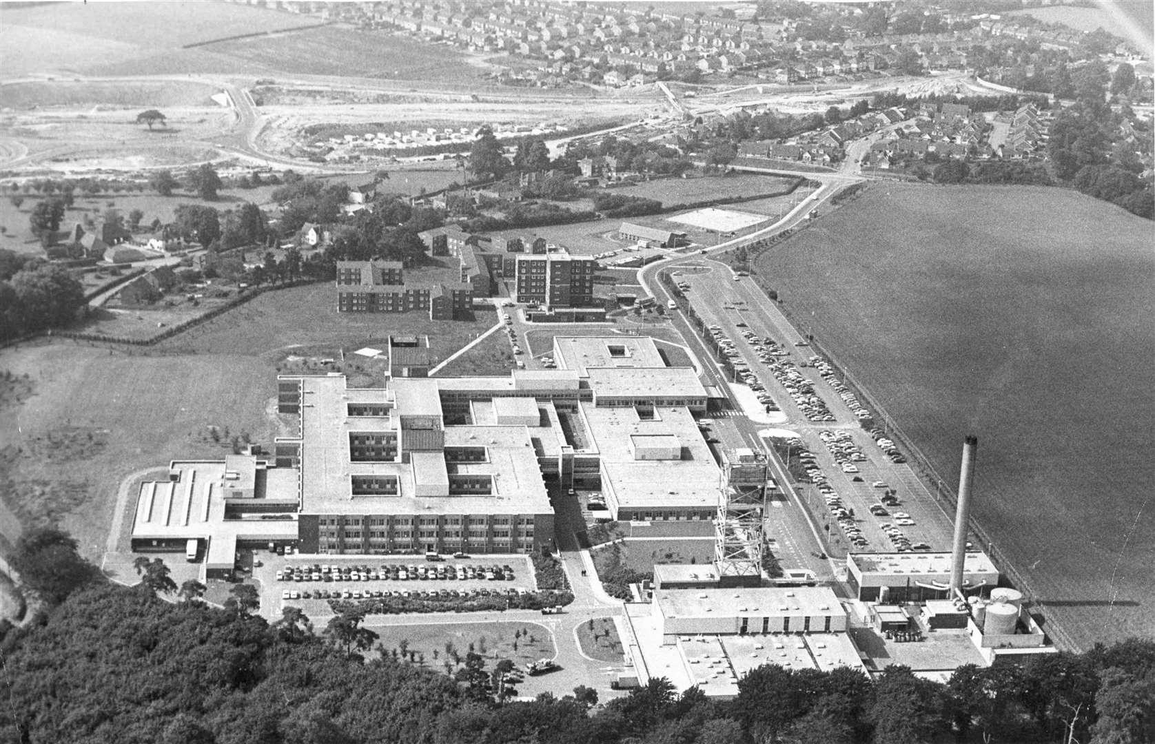 The William Harvey Hospital in September 1980. On opening it was proud to boast there should be ample free car parking space for staff, out-patients and visitors... but charges soon became a reality