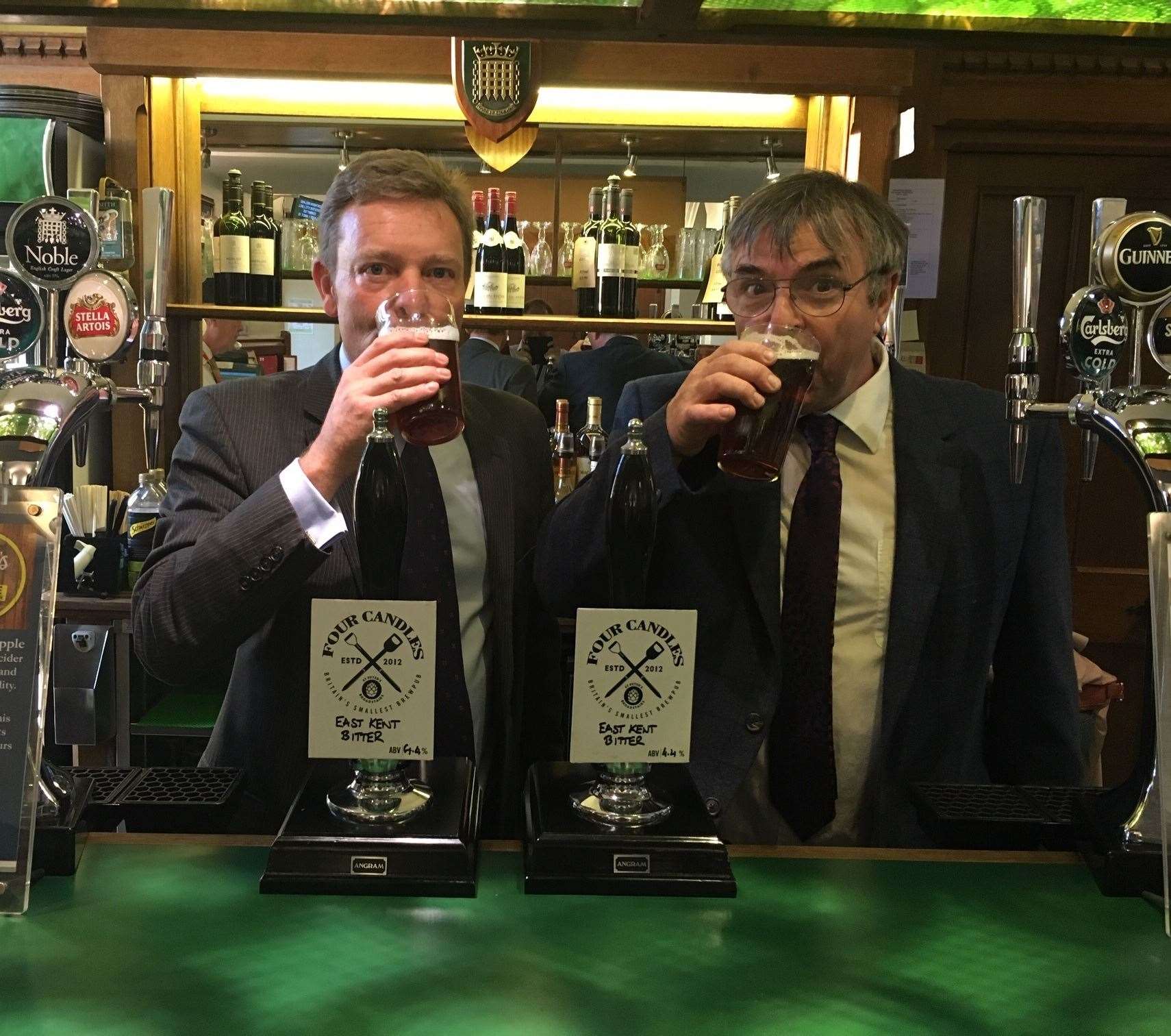 South Thanet MP Craig Mackinlay sups a pint of Four Candles' brew in the House of Commons bar alongside Mike Beaumont in 2018