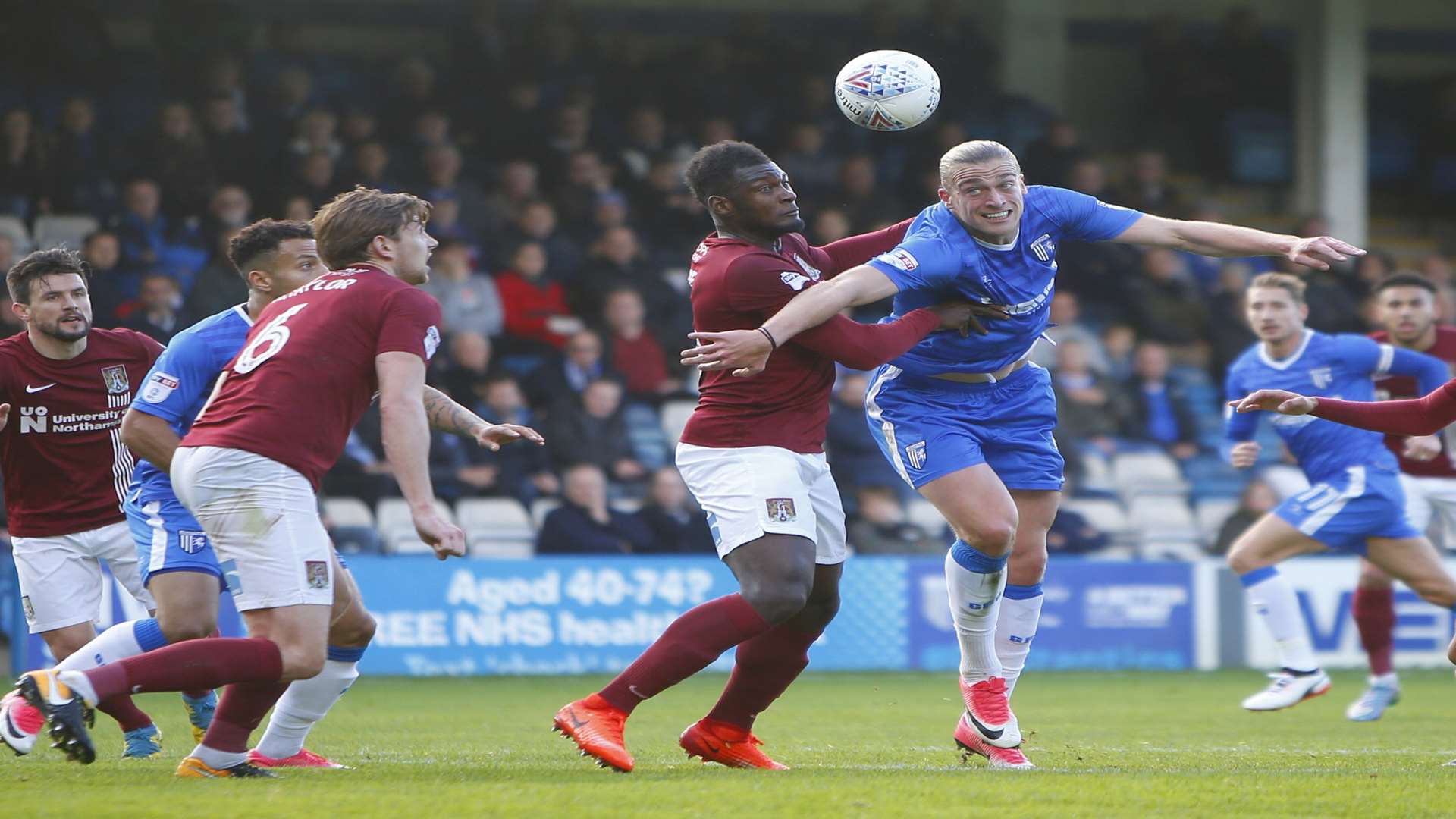 Tom Eaves is tightly marked in the penalty area. Picture: Andy Jones