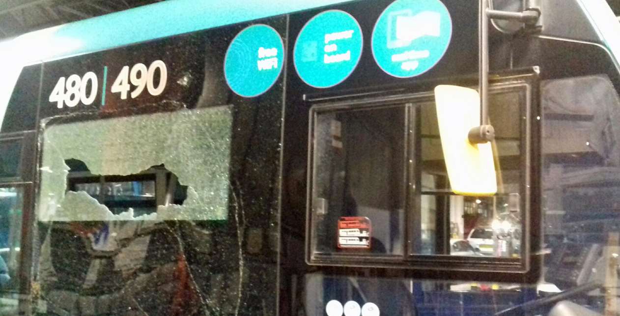 The smashed window after vandals targeted an Arriva bus in Gravesend